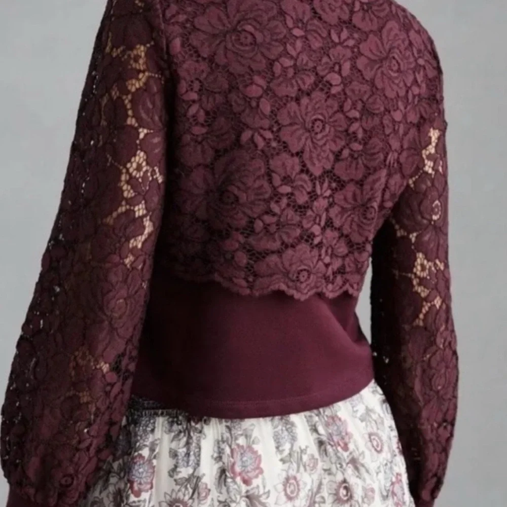 Maeve by Anthropology Elegant Lace overlay Burgundy Top size small